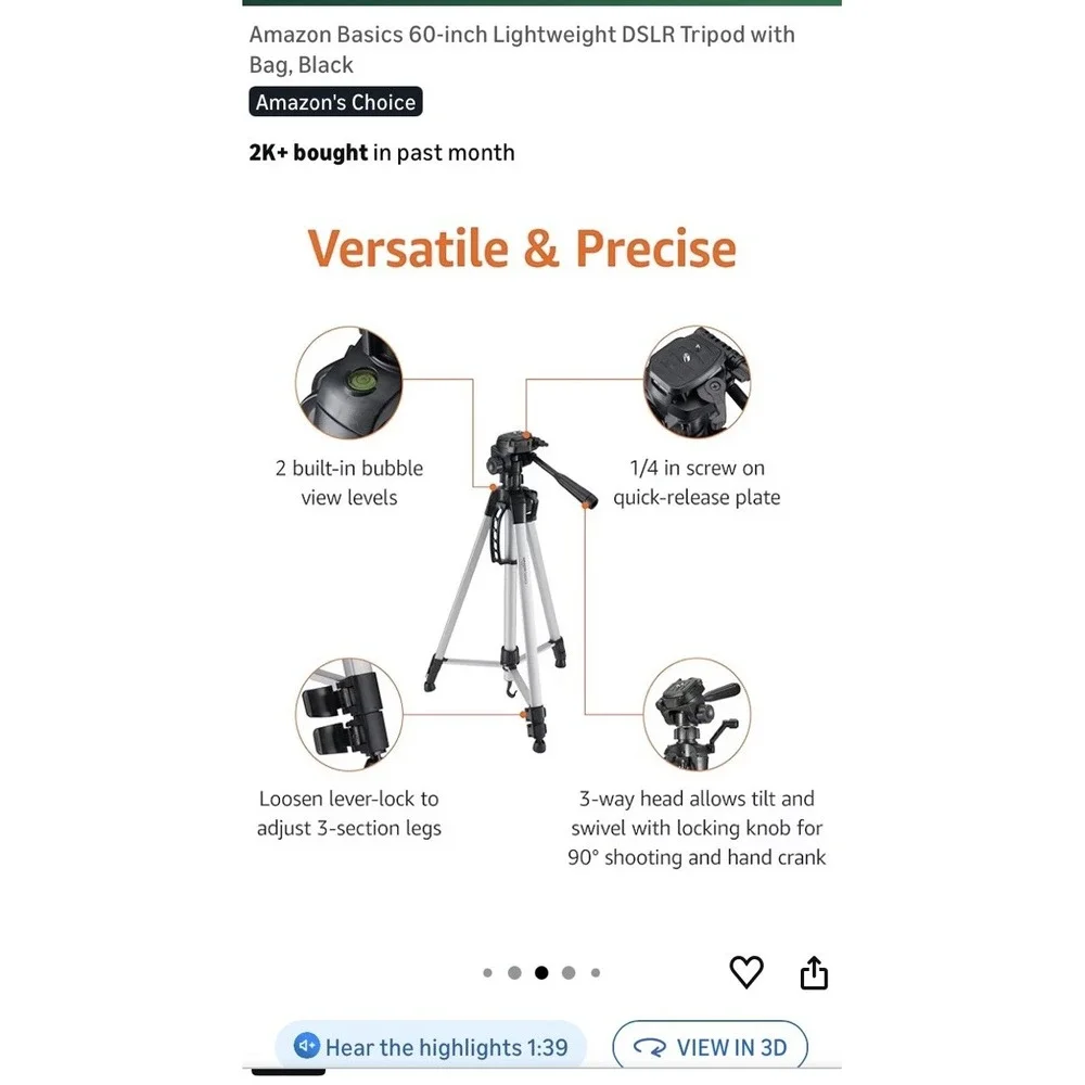 Amazon Basics 60-Inch DSLR Lightweight Tripod For Camera, Phone With‎ Bag, Black